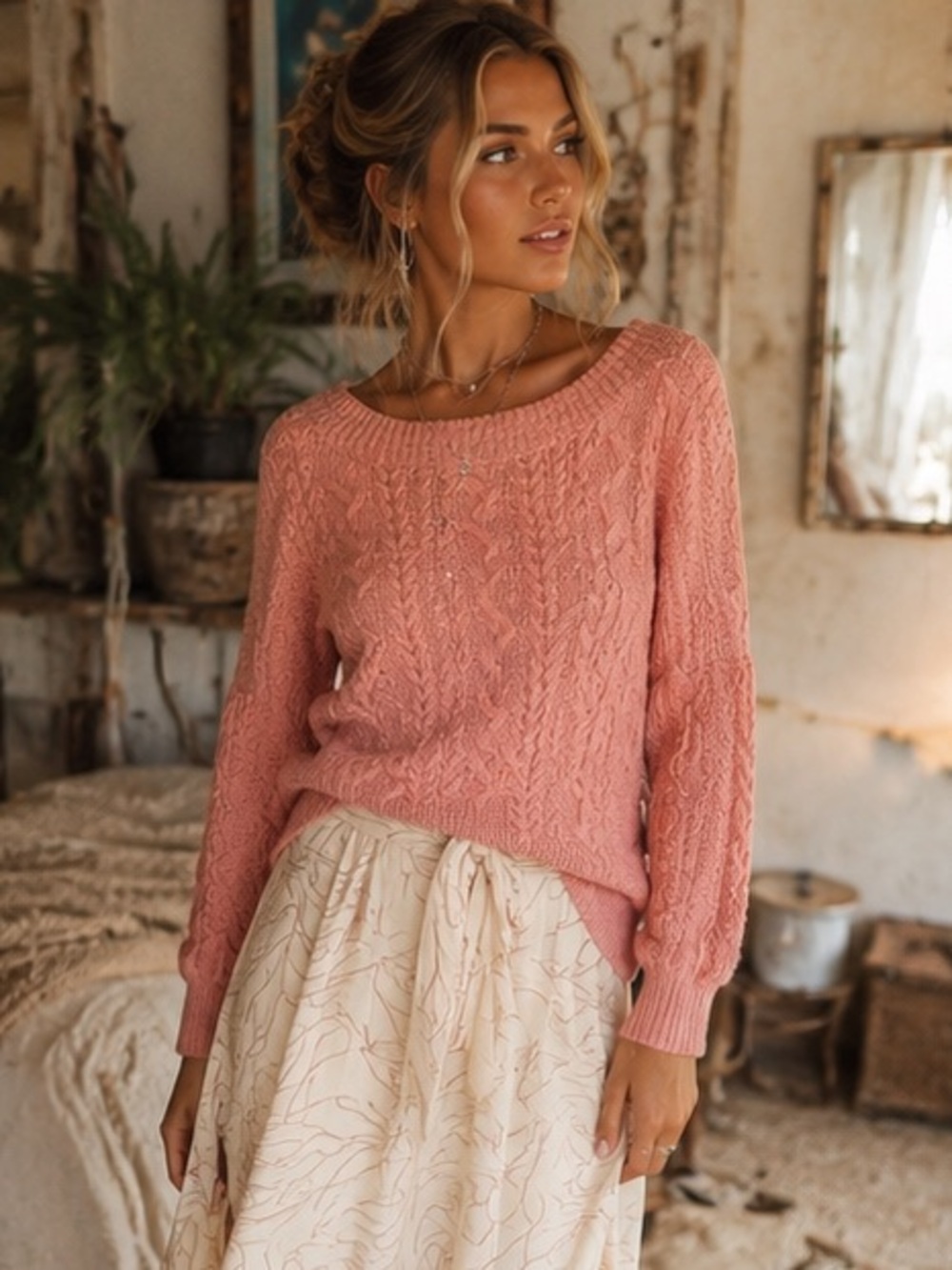 Free People Pink Cable Knit Sweater